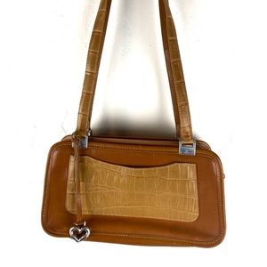 Brighton Tan Leather Croc Side Pocket Purse Tote Handbag Medium Size Top Zipper.
